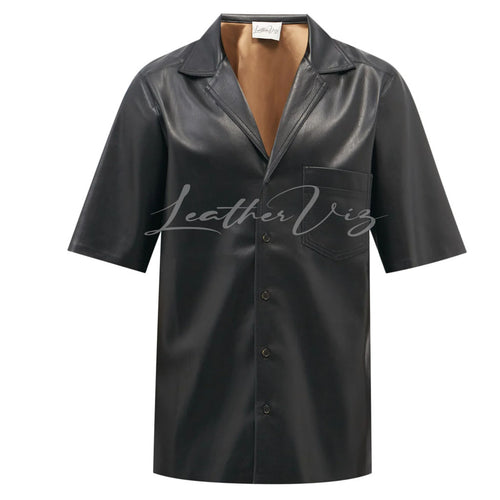 CUBAN COLLAR SHORT SLEEVES WOMEN FAUX LEATHER SHIRT