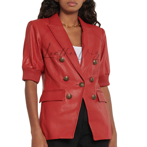 ELASTICATED CUFFS WOMEN RED LEATHER BLAZER