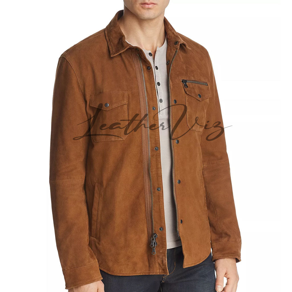 FLAP POCKETS MEN SUEDE LEATHER JACKET- SPREAD COLLAR SUEDE LEATHER ...