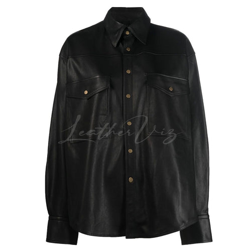 LONG SLEEVES MEN BLACK LEATHER SHIRT