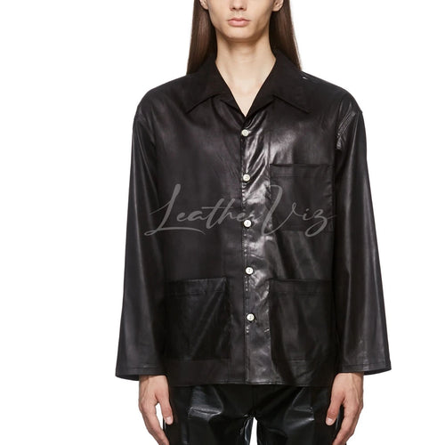 OPEN COLLAR MEN FAUX LEATHER SHIRT