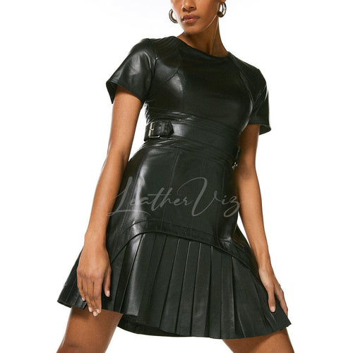 PLEATED STYLE PARTY MINI LEATHER DRESS