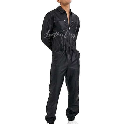 Pointed Collar Men Leather Boilersuit
