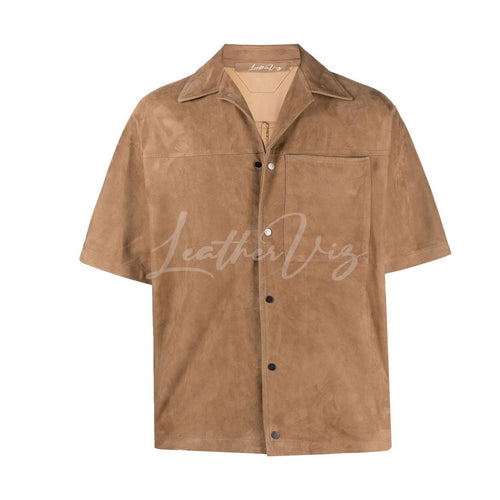 SHORT-SLEEVE MEN SUEDE LEATHER SHIRT