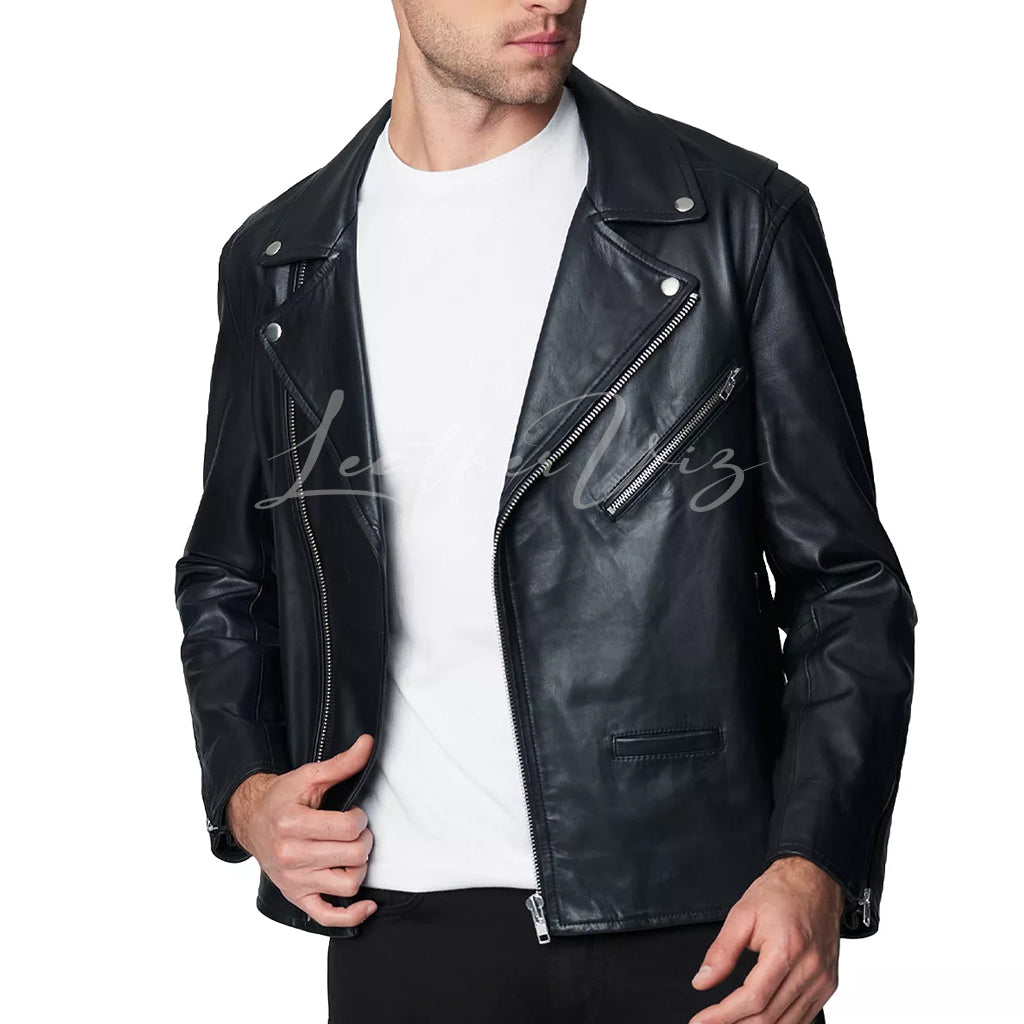 SNAP NOTCH COLLAR MEN LEATHER JACKET- MEN BLACK JACKETS – LeatherViz ...