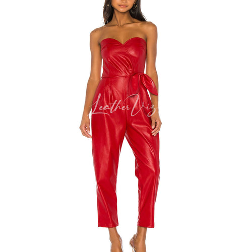 SWEET HEART NECKLINE WOMEN RED LEATHER JUMPSUIT