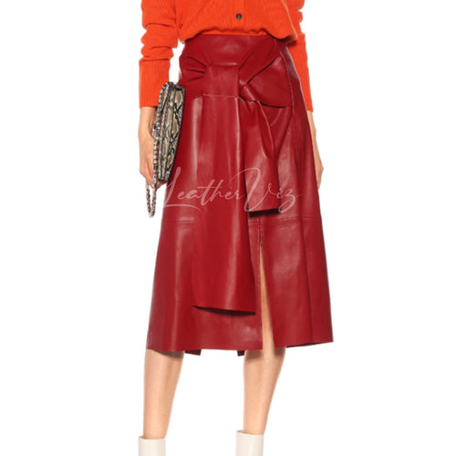 TIE STYLE WOMEN RED LEATHER SKIRT