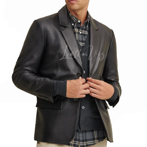 TWO BUTTON CLOSURE GENUINE LEATHER BLAZER FOR MEN