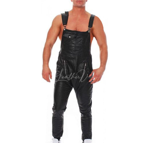 Zip Pockets Men Leather Overalls