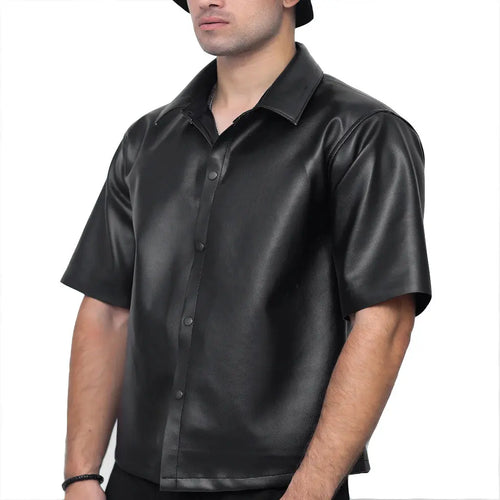 Men Short Sleeves Leather Shirt