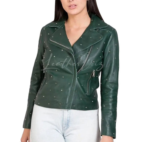 Plus Size Womens Studded Green Leather Jacket