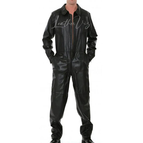 Collared Style Men Black Leather Jumpsuit