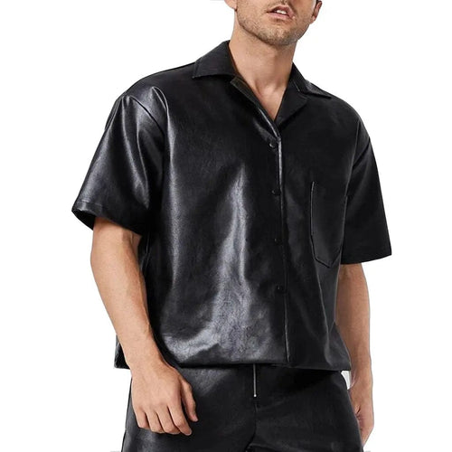 Oversizes Patched Pocket Men Leather Shirt