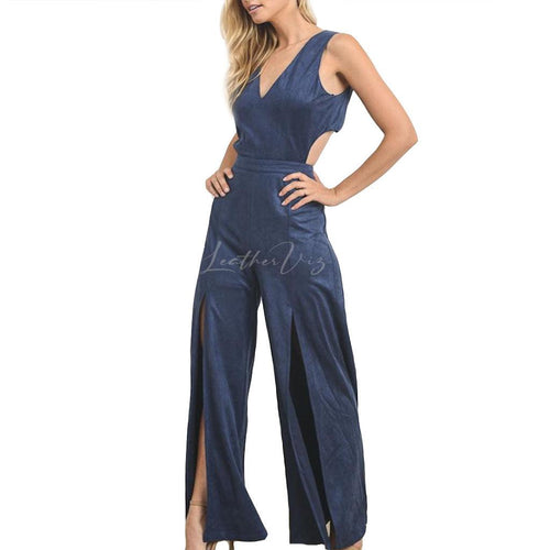 SLEEVELESS SUEDE LEATHER WOMEN PARTY JUMPSUIT