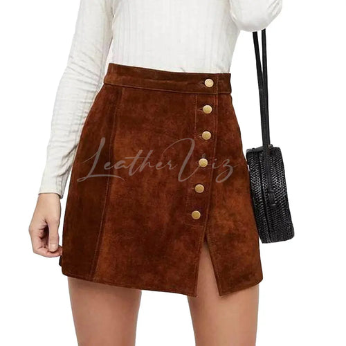 Brown Suede Leather Mini Skirt For Women