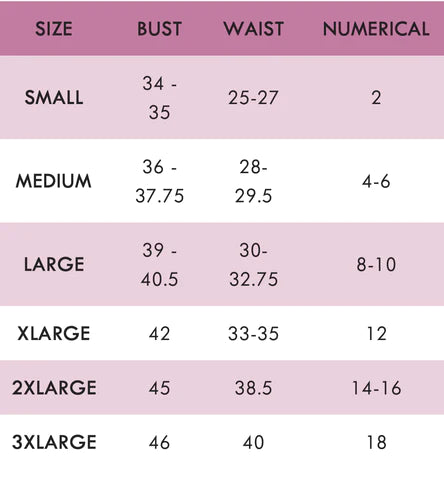 Apairelle by My Perfect Pair shapewear size chart
