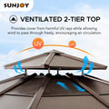 Sunjoy Outdoor Patio 11x11 Brown 2- Tier Wooden Frame Backyard Hardtop Gazebo with Ceiling Hook A102008500