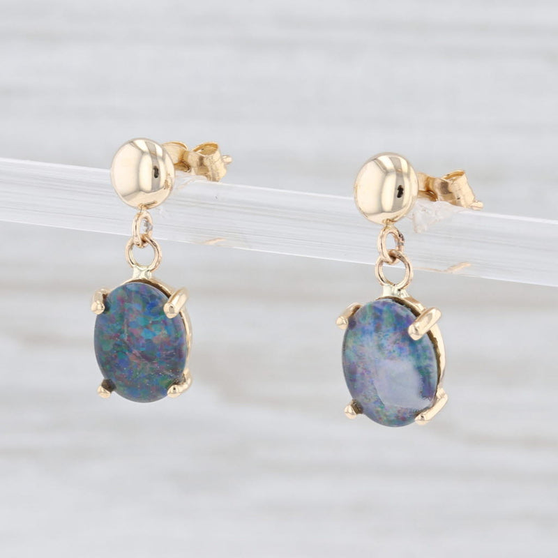 Rainbow Flecked Blue Synthetic Opal Drop Earrings 14k Yellow Gold Oval Solitaire