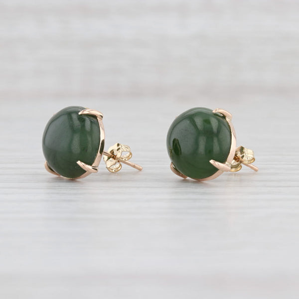 Vintage Green Nephrite Jade Stud Earrings 10k Yellow Gold Oval Cabochon