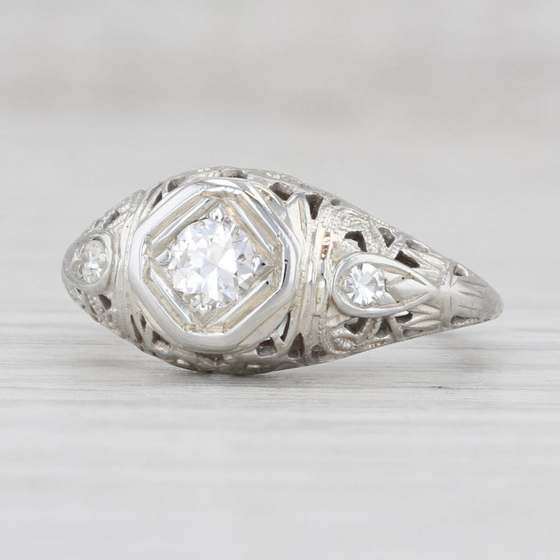 0.28ctw Art Deco Diamond Ring 18k White Gold Size 5 Floral Filigree Engagement