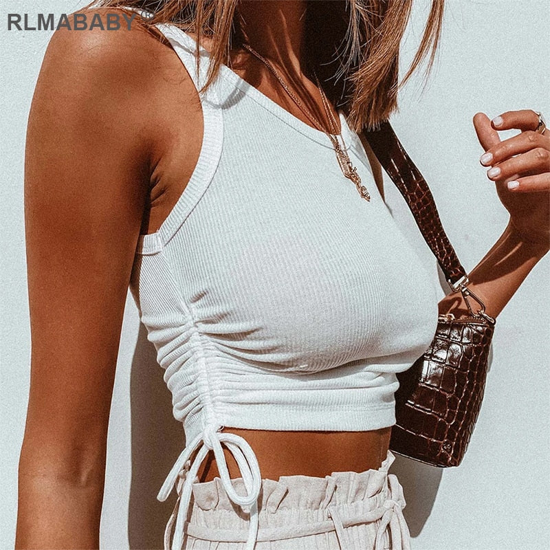 Cogatco Spring Summer Women Short Tank Top Casual Round Neck Sleeveless Drawstring Ribbed Cotton Crop Top Fashion Street Sexy Short Top