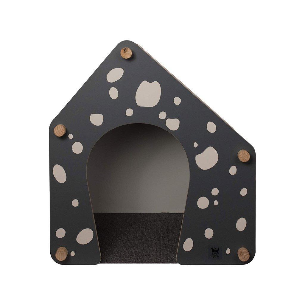 A grey dog house for outdoor use