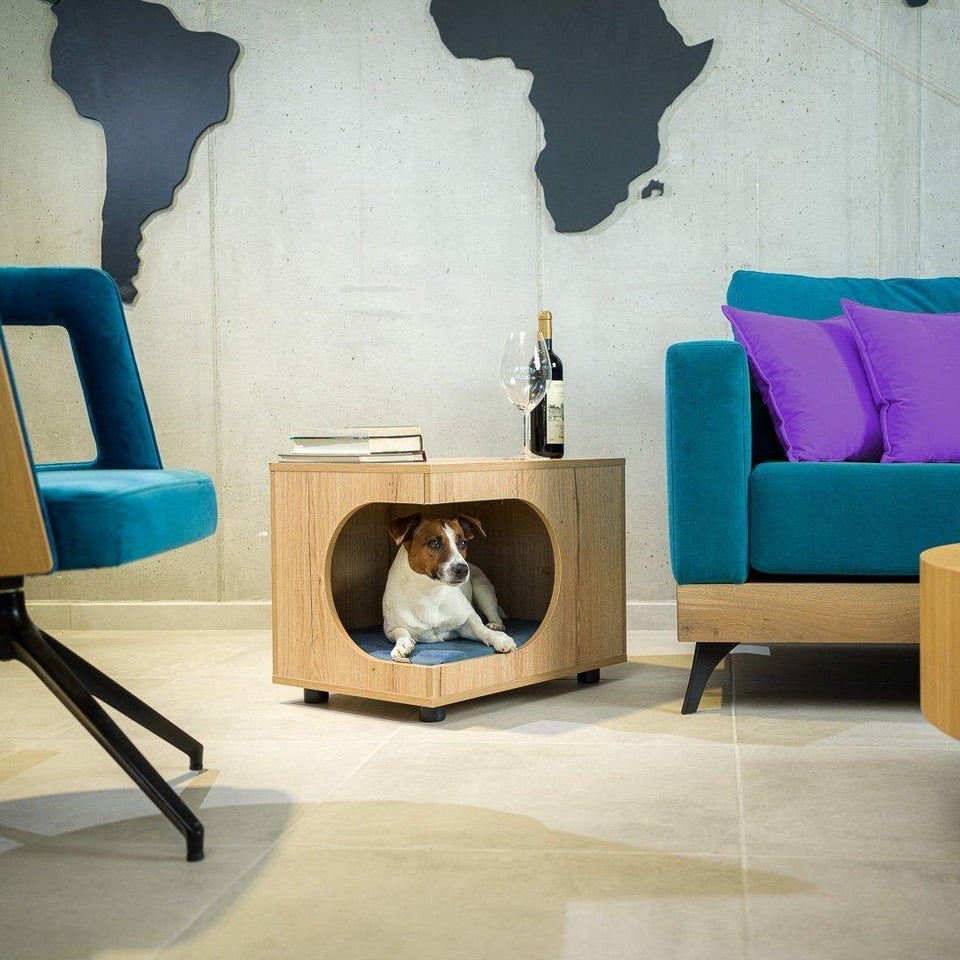 A small brown,white dog is sitting in his wooden dog house in the living room.