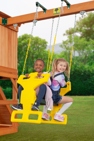 Two children on two person glider swing