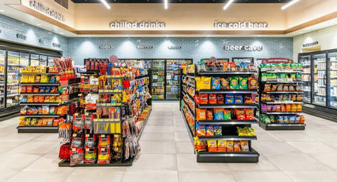 What are the 3 types of displays and fixtures in a convenience store