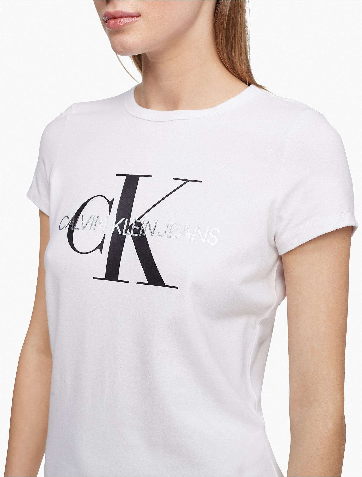 Calvin Klein Metallic Monogram Logo Crewneck T-Shirt - Women