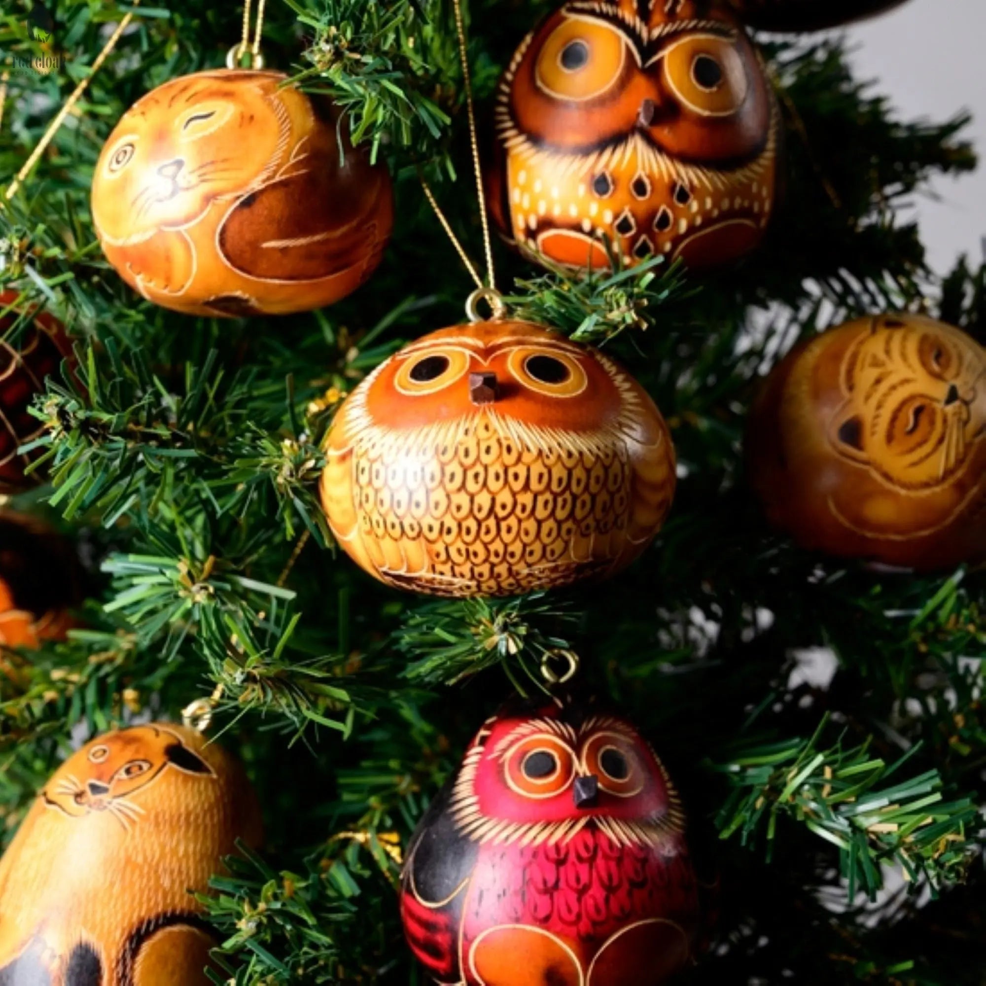 Hand Carved Gourd Mini Owl Ornament - Red Cloak Wood Designs Inc