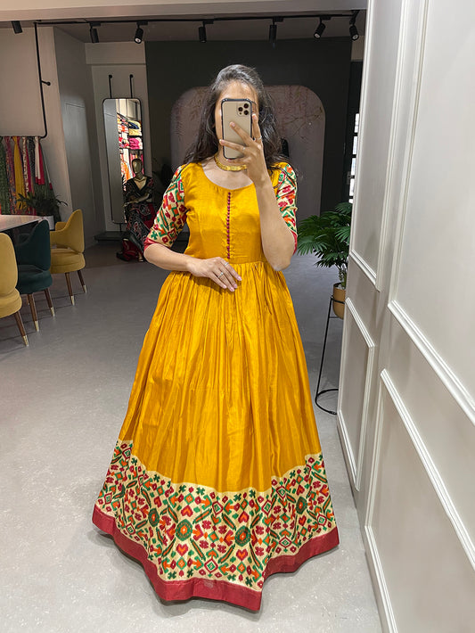 Yellow Color Chinon Fabric Admirable Embroidered Readymade Long Gown I