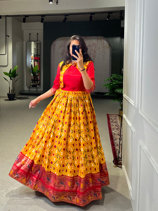 Buy Lakshya tomato red Paithani gown at Rs. 1349 online from Fab Funda gowns  : YNF-5303-1