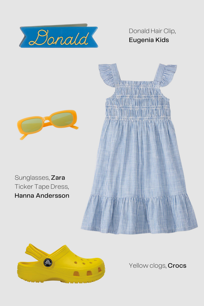 donald duck disneybounding outfit ideas disneyland outfit ideas ticker tape striped dress yellow crocs yellow sunglasses blue donald duck hair clip eugenia kids disney outfit ideas for toddlers