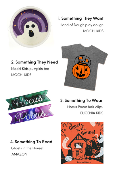 spooky basket ideas, boo basket ideas, mochi kids pumpkin tee, land of dough play dough, halloween hair clips, toddler, hocus pocus hair clips, ghosts in the house