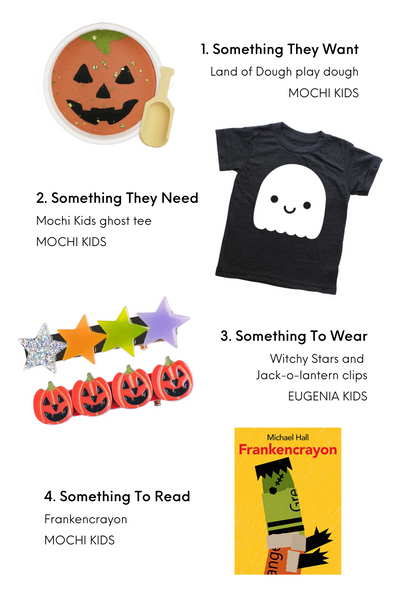 spooky basket ideas, boo basket ideas, land of dough play dough halloween, eugenia hair clips halloween, jack-o-lantern, witchy stars hair clips, frankencrayon, mochi kids kawaii ghost tee