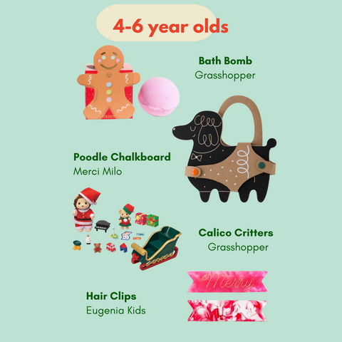 gift ideas for 4-6 year old kids dogs bath bombs christmas hair clips and calico critters