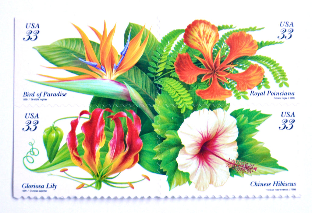 Vintage Flowers Postage Stamp Set, Indonesia 1965 Flame Lily, Myrtle,  Hibiscus Floral Stamps for Collection, Crafting, Wedding Crafts 
