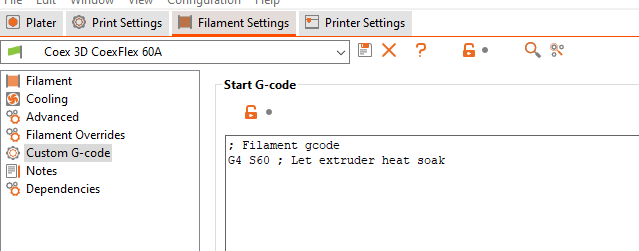 Screenshot showing a G4 S60 command for a custom filament G-Code in PrusaSlicer