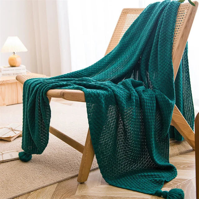 Product Image for Rynx | Nordic blankets for bed sofa couch chunky knit bedspread knitted throw blanket with fringes solid color waffle embossed blanket, Green / 