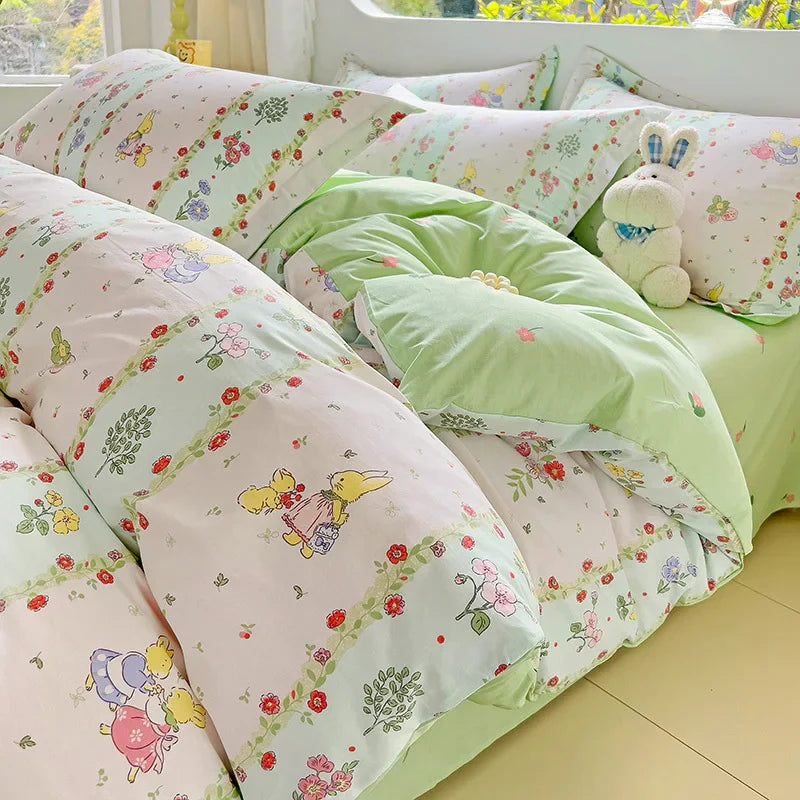 Product Image for Rynx Hot Flora Style 100% Cotton Bedding Set Printed Four-Piece Set Pure Cotton Sheet Set Duvet Cover Queen King Size, Dear Rabbit / for 1.2m 3pcs