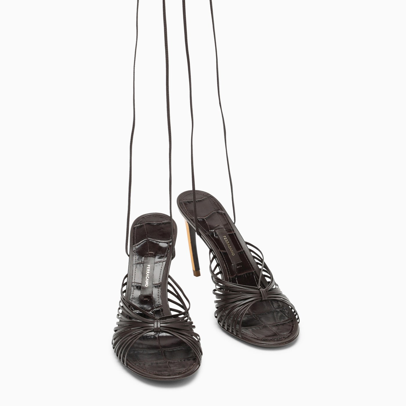 Shop Ferragamo Brown Sandal With Strings And Golden Heel