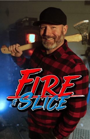 Fire & Slice poster. Justin Lamoureux standing in his workshop with a blue light and a forge in the background.