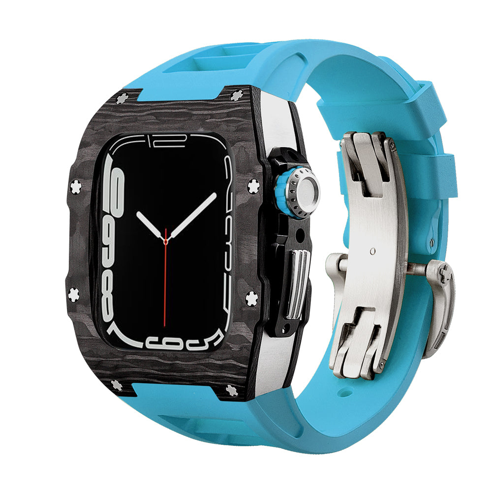 Apple Watch Case 45mm - Carbon Fiber Ti Case + Blue Fluoro Strap (8 Screws)