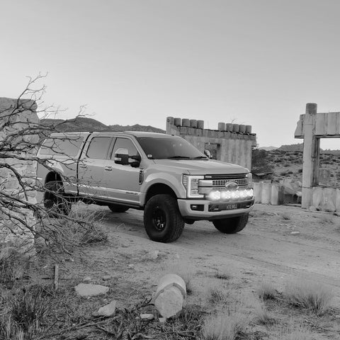 Ford F-250 Platinum, Built Ford Tough, exploring the Mojave Desert, Joshua Tree, wilderness, The Classic light bar shown with Baja Designs LP9 Pro lights