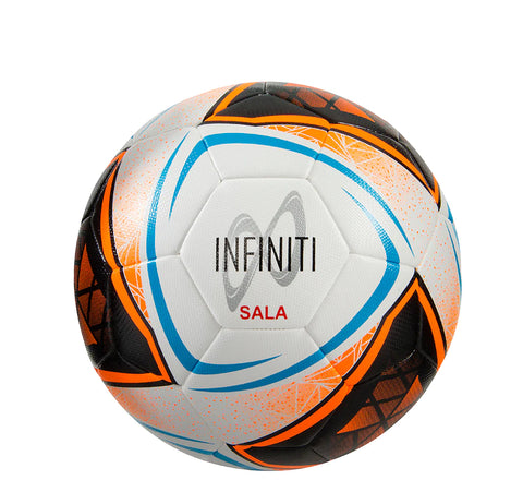 Image of a Samba Infiniti Hybrid Futsal Football, white, fluorescent orange and blue with Infiniti Sala written on it.