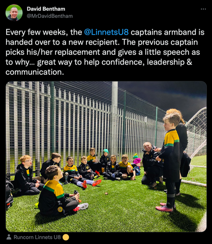A tweet with a photo by David Bentham, featuring his Runcorn Linnets JFC U8s team selecting their next team captain.