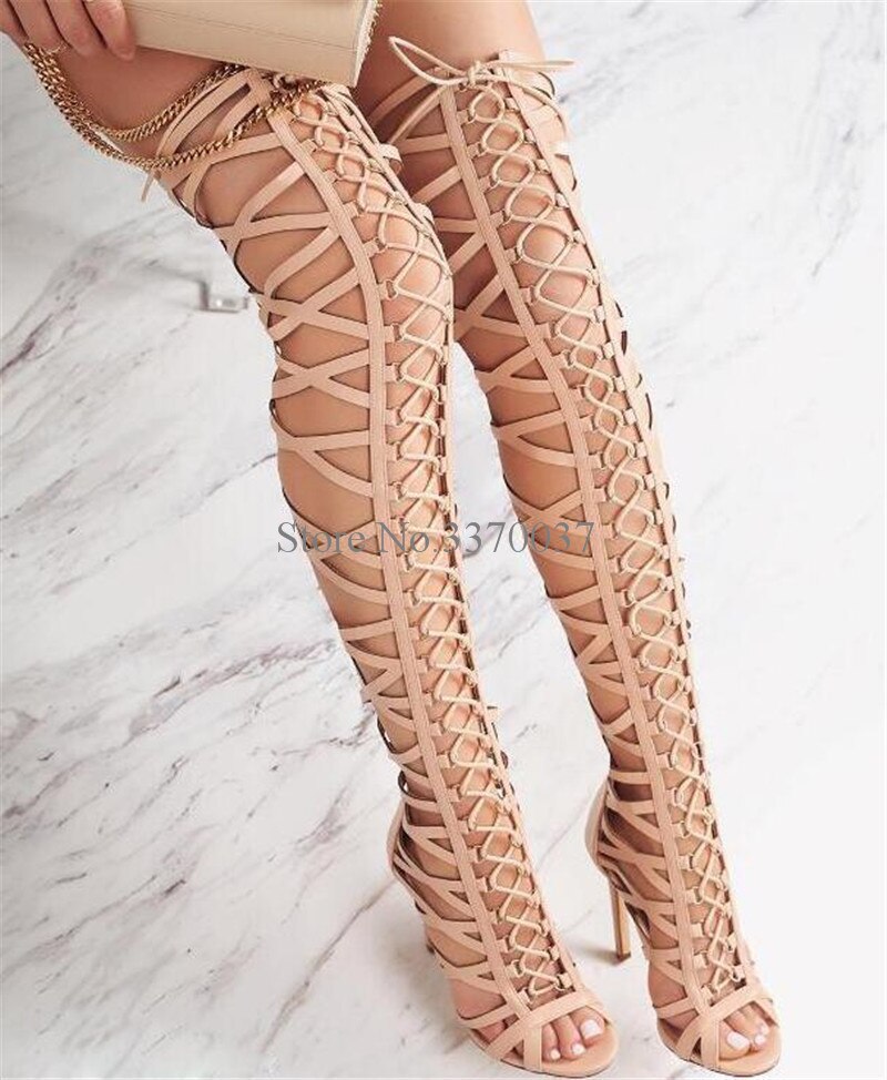 Over the Knee Lace Up Heeled Gladiator Sandals