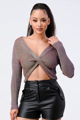 Metallic Crossed-Front Cropped Sweater