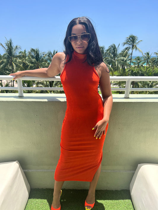 Iconic Mock Neck Cutout Slide Slit Midi Dress